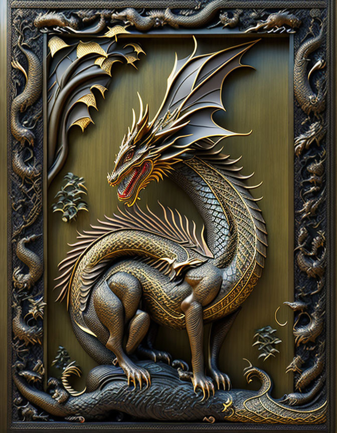 Golden dragon sculpture with wings in Gothic-style frame