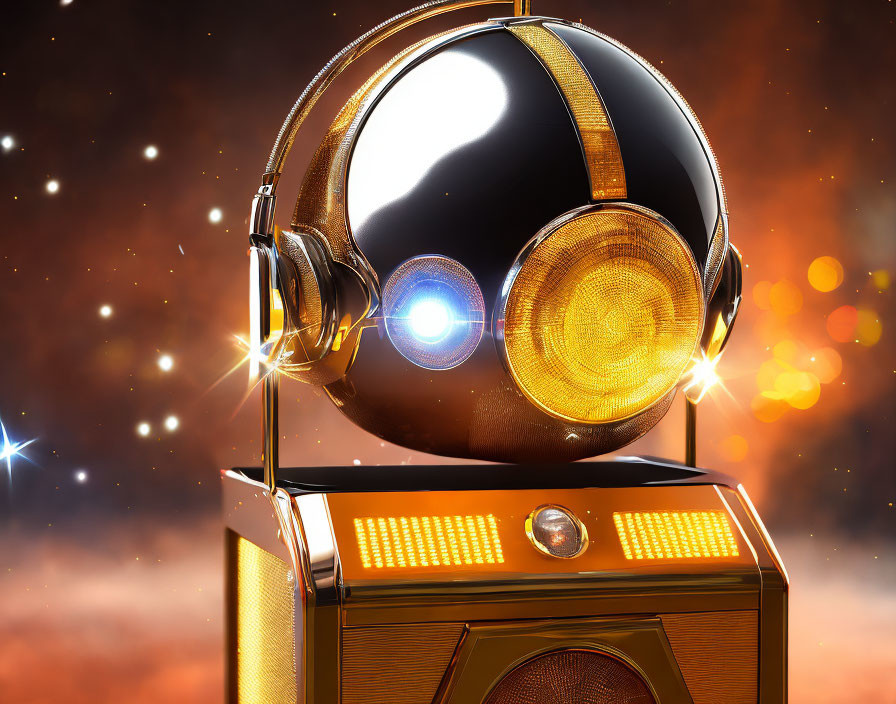 Golden astronaut helmet with headphones on orange speaker box in cosmic setting