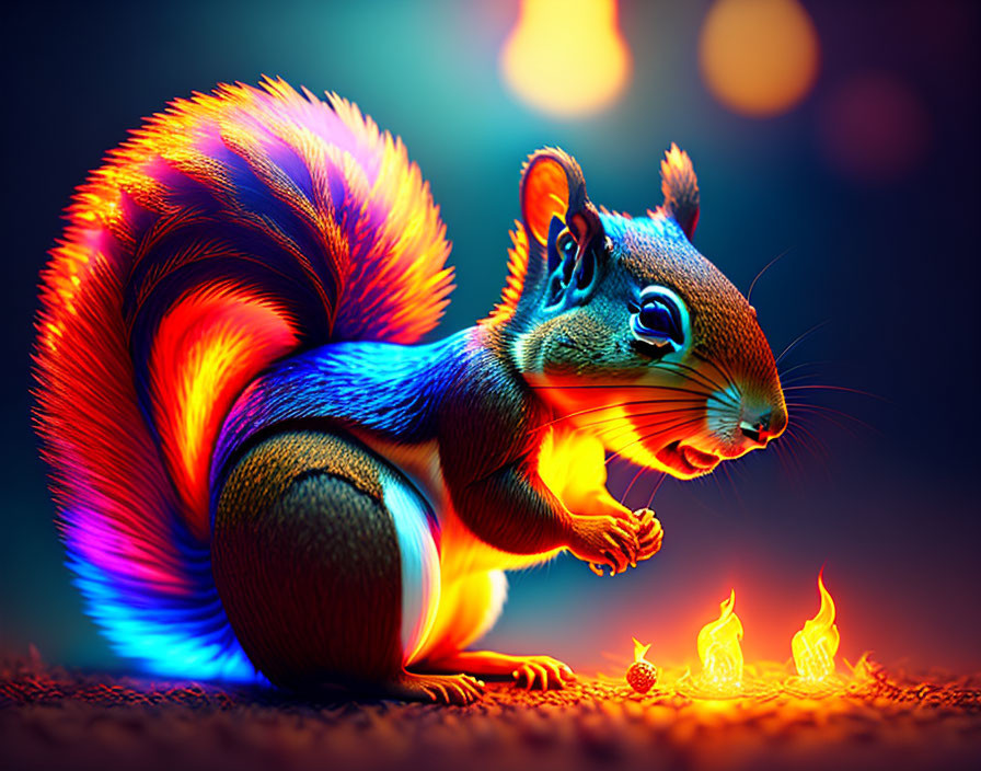 Colorful squirrel illustration with fiery tail and flames on cool bokeh background