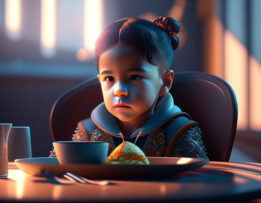 Child sitting at table with burger in warm evening light