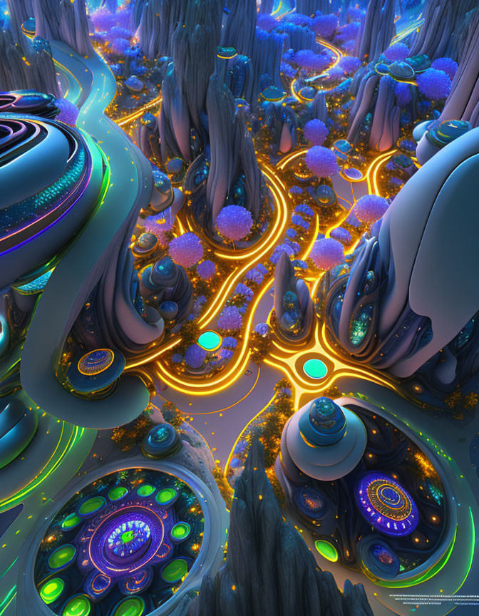 Surreal neon landscape with glowing flora and futuristic structures