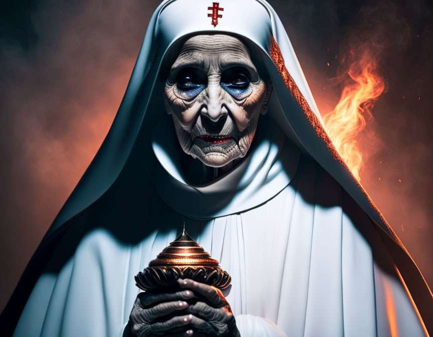 Elderly woman in nun's habit with dramatic makeup holding smoky, flaming object