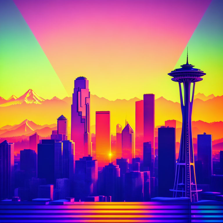 Colorful Seattle Skyline Illustration with Space Needle and Sunset Mountains