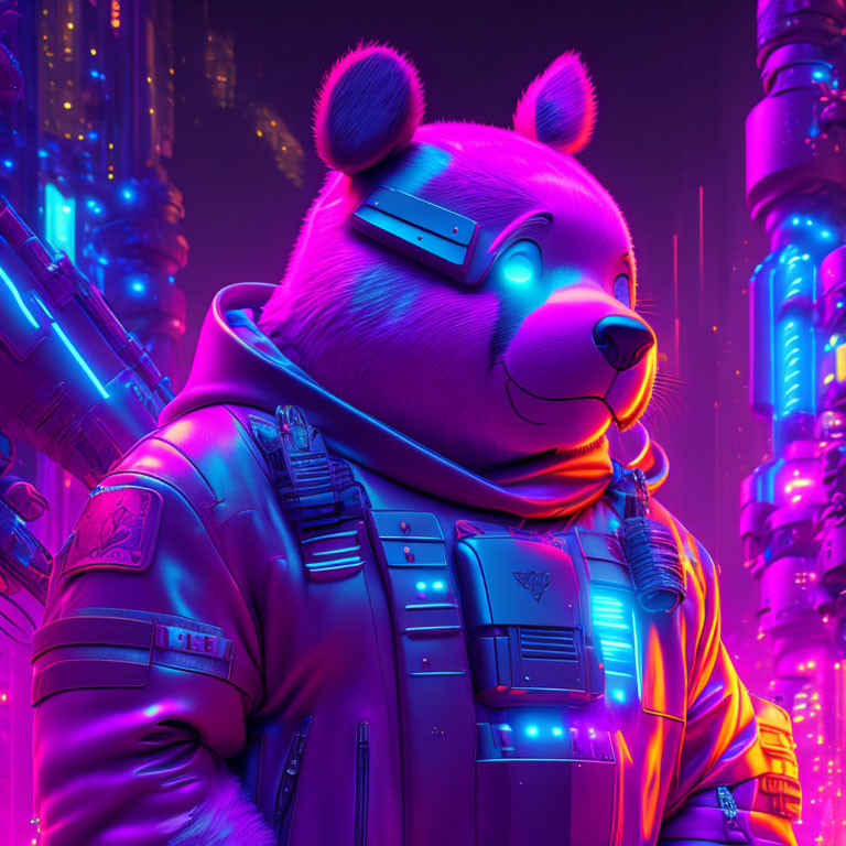 Neon-lit cyberpunk artwork: anthropomorphic bear in futuristic armor.