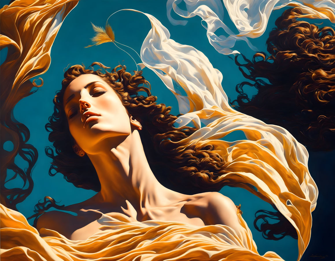 Curly-Haired Woman in Golden Draped Fabric on Blue Background