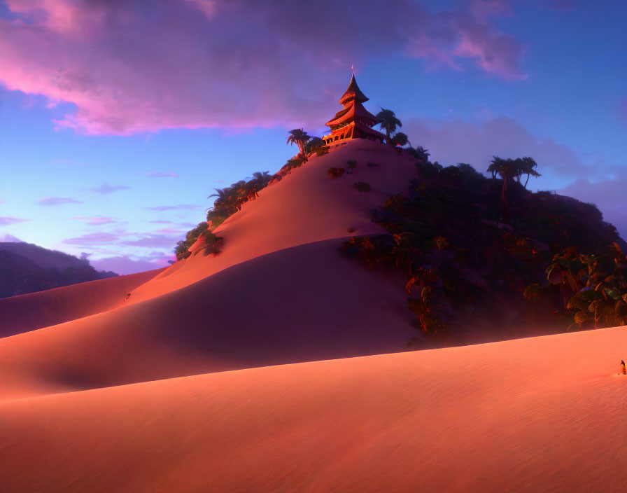 Traditional pagoda on sand dune under twilight sky surrounded by greenery