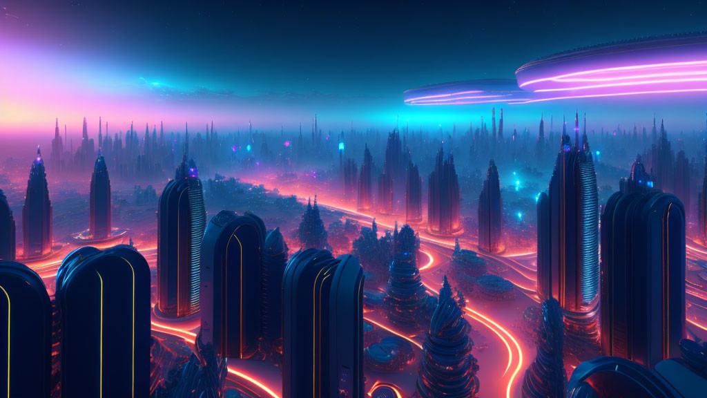 Futuristic cityscape with neon lights, skyscrapers, flying vehicles, elevated roads, and