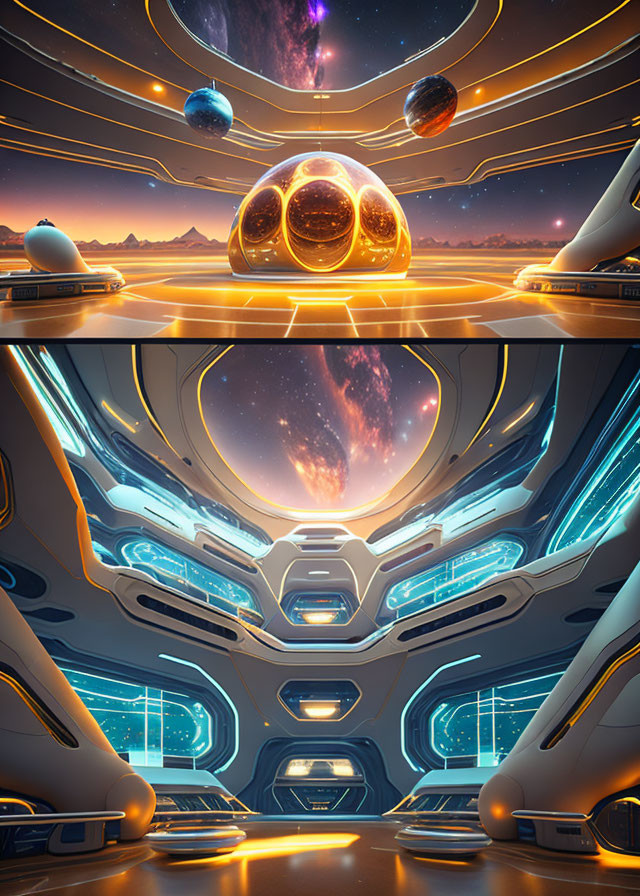 Futuristic space station interior with cosmic view