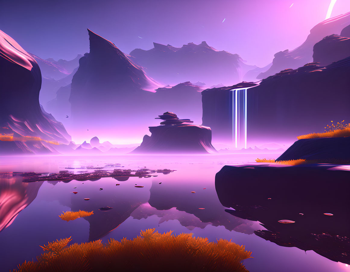 Purple surreal landscape with rock formations, waterfall, reflective water, orange flora, twilight sky