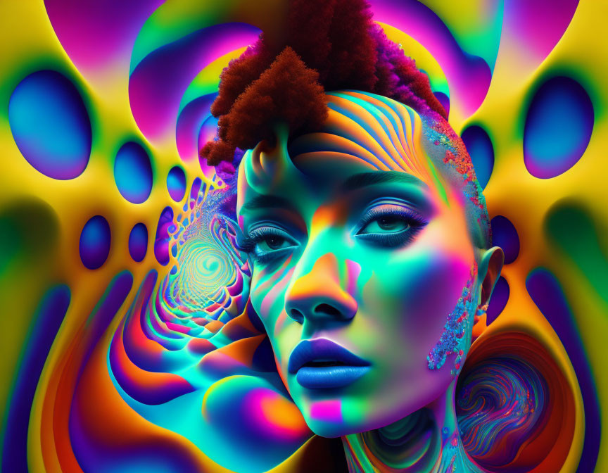 Colorful portrait merging woman's face with swirling psychedelic patterns in blue, purple, and orange.