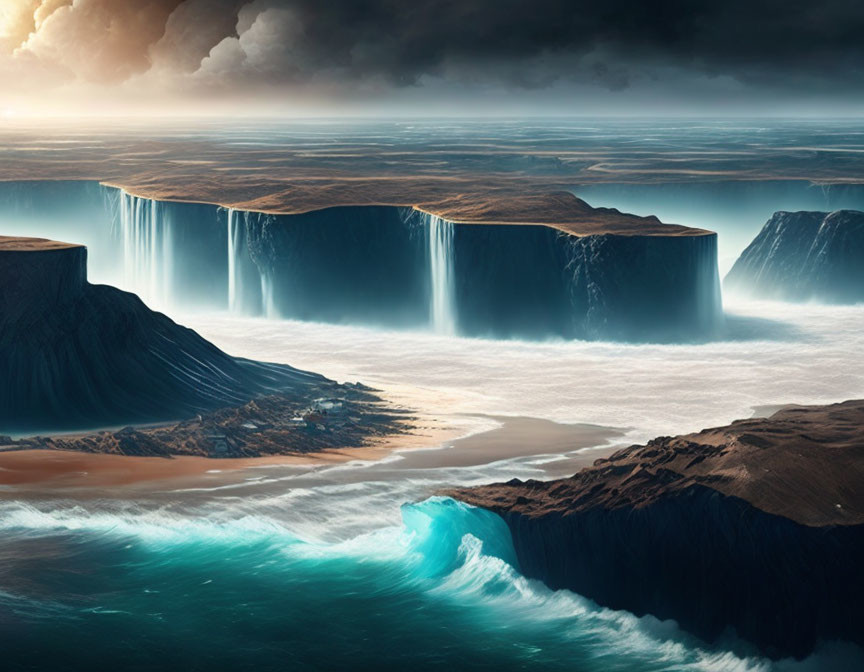 Majestic waterfalls cascade into ocean under dramatic sky