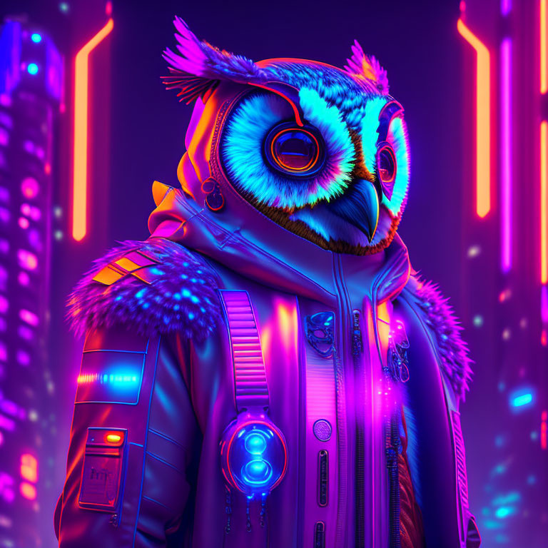 Anthropomorphic Owl in Futuristic Jacket Amid Cyberpunk Cityscape