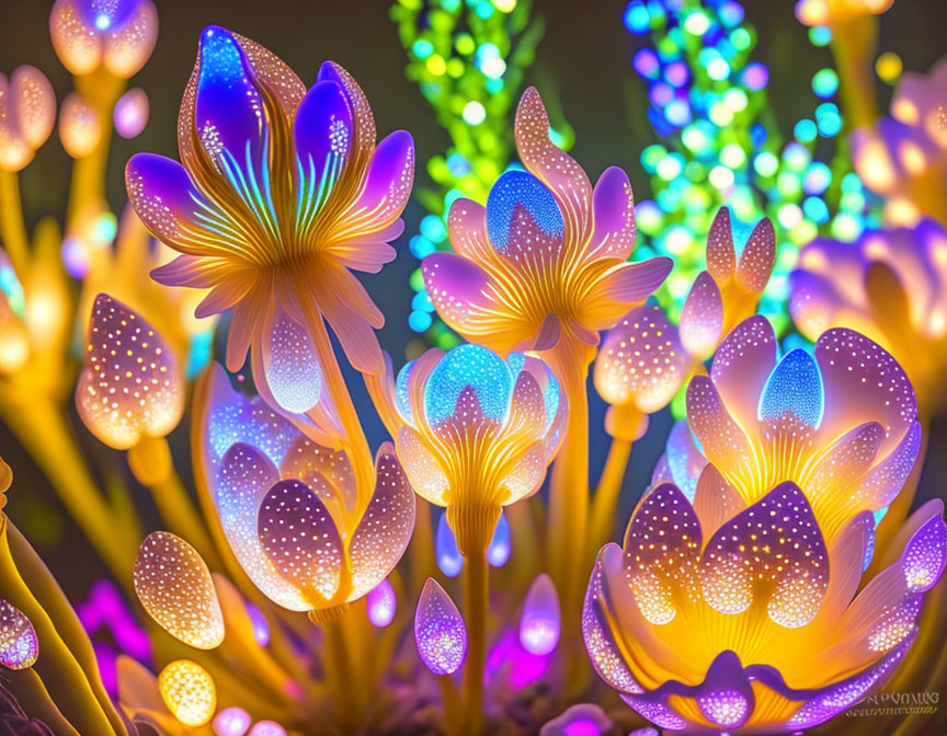 Colorful illuminated flowers with intricate dot patterns on vibrant backdrop