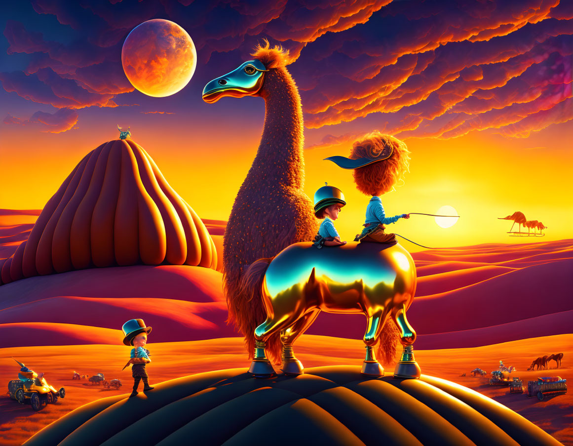 Digital Art: Individuals on iridescent animals under surreal orange sky