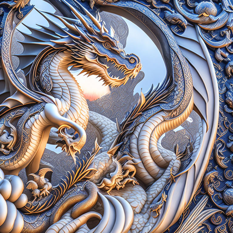 Intricate Dragon Carving with Sun Motif in Spiraling Design