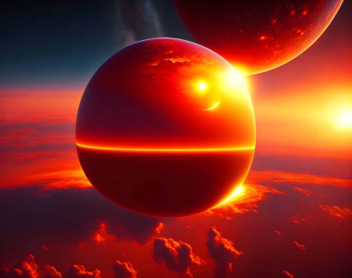 Two Large Celestial Bodies Over Fiery Planet with Star Eclipse