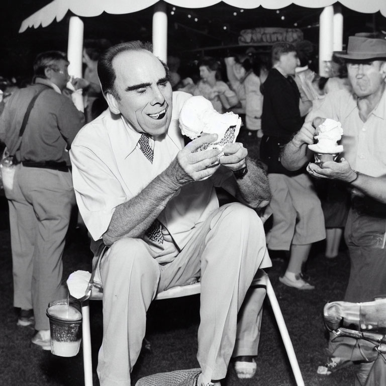 Man in Light Suit Holding Ice Cream Cone Outdoors with People and Tents in Background