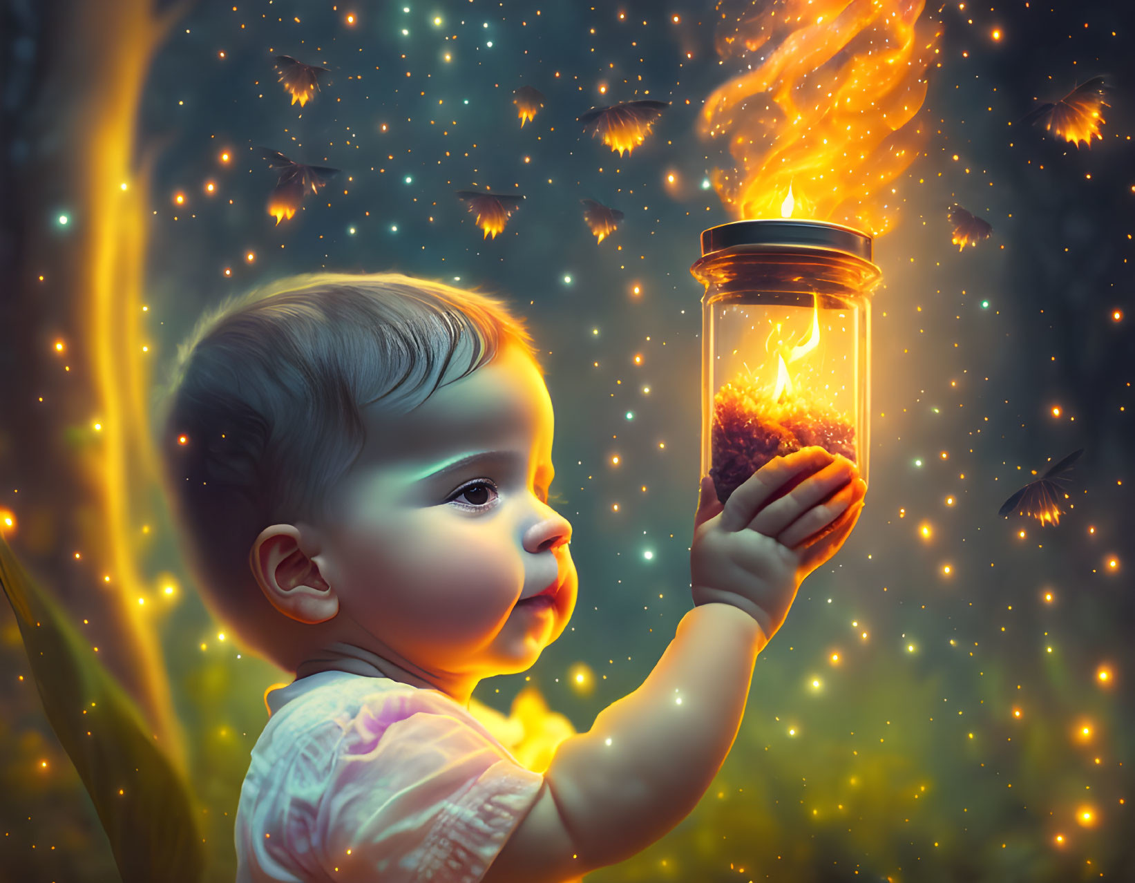 Infant with glowing jar amidst fireflies and light swirls