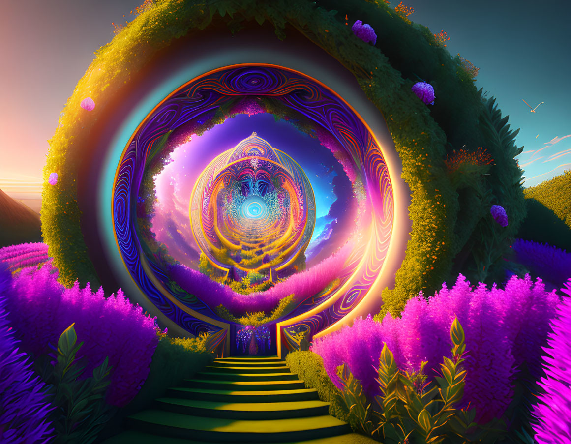 Vibrant digital art: swirling portal, purple and gold patterns, greenery, flowers, sunset