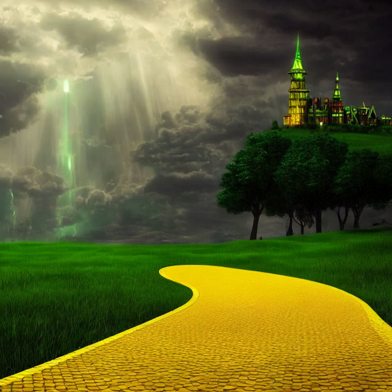 Yellow Brick Road Leading to Grand Green Castle Under Dramatic Sky