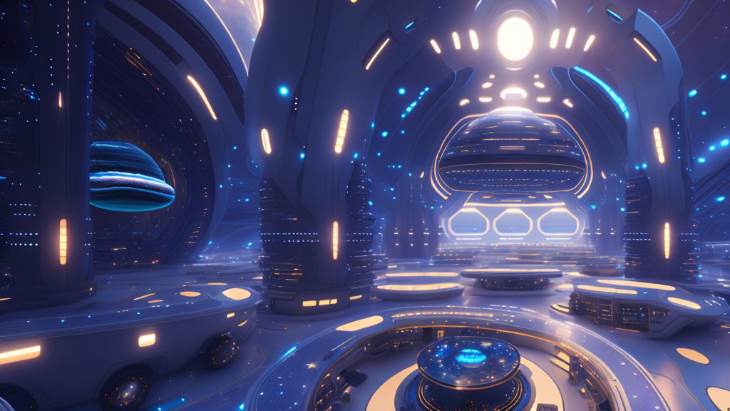 Futuristic Spaceship Interior with Blue Lights and Control Stations