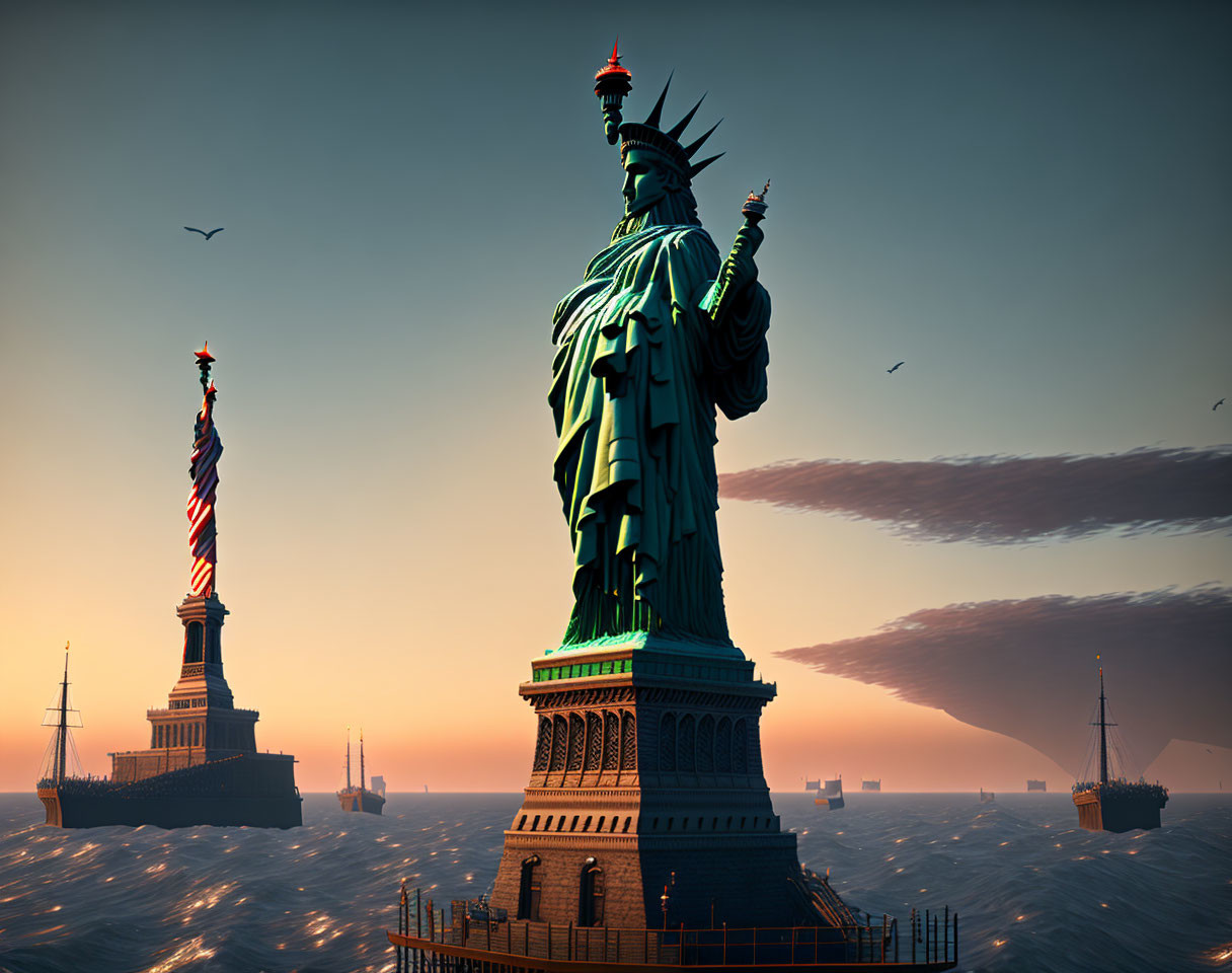 Iconic Statue of Liberty at sunset with ships, birds, and golden glow.