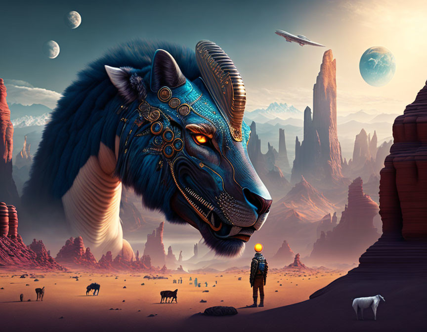 Surreal landscape with imposing robotic wolf head and whimsical elements