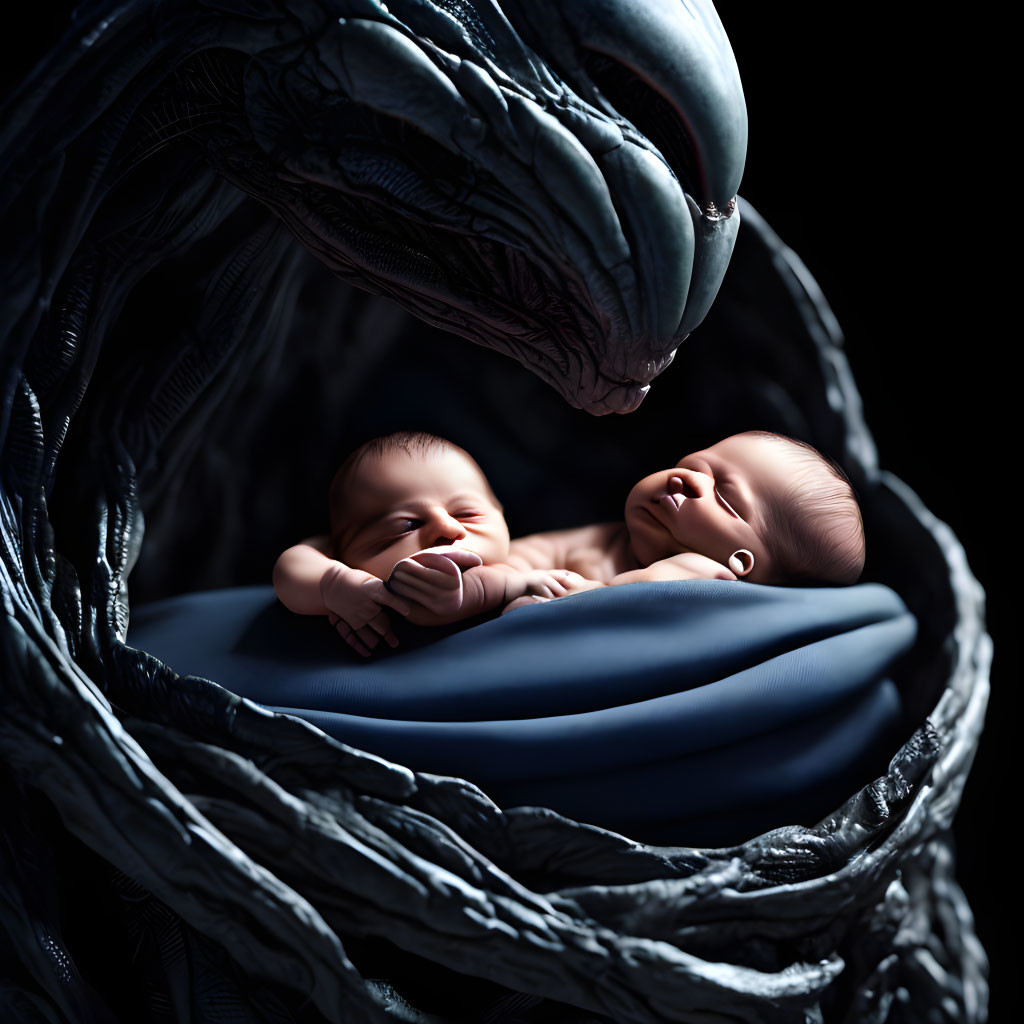 Infants in nest-like structure with alien figure on dark backdrop