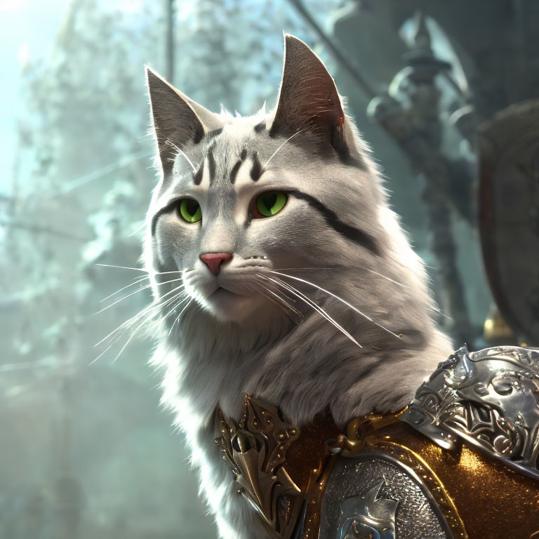 Grey Cat in Golden Armor with Green Eyes on Mystical Background