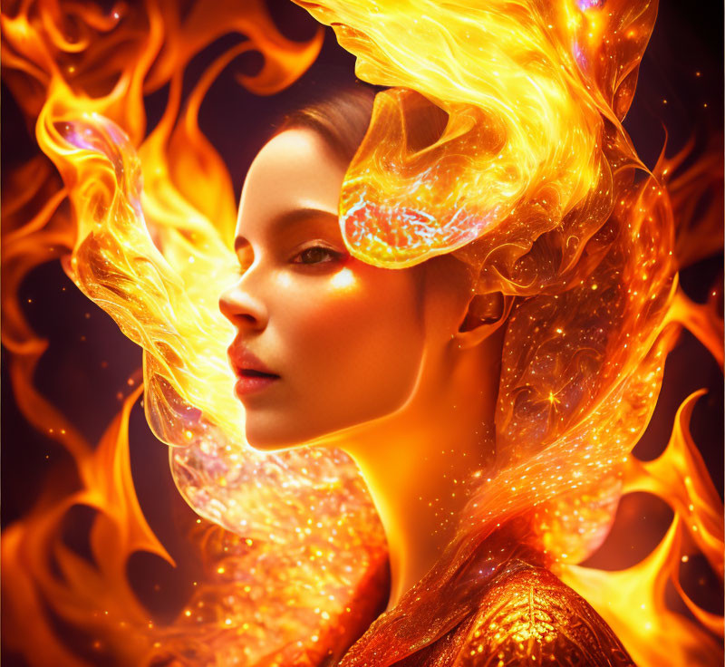 Serene woman with fiery phoenix wings and feathers