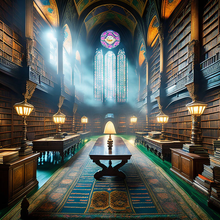 Opulent library with tall bookshelves, stained glass window, central table, and mystical fog