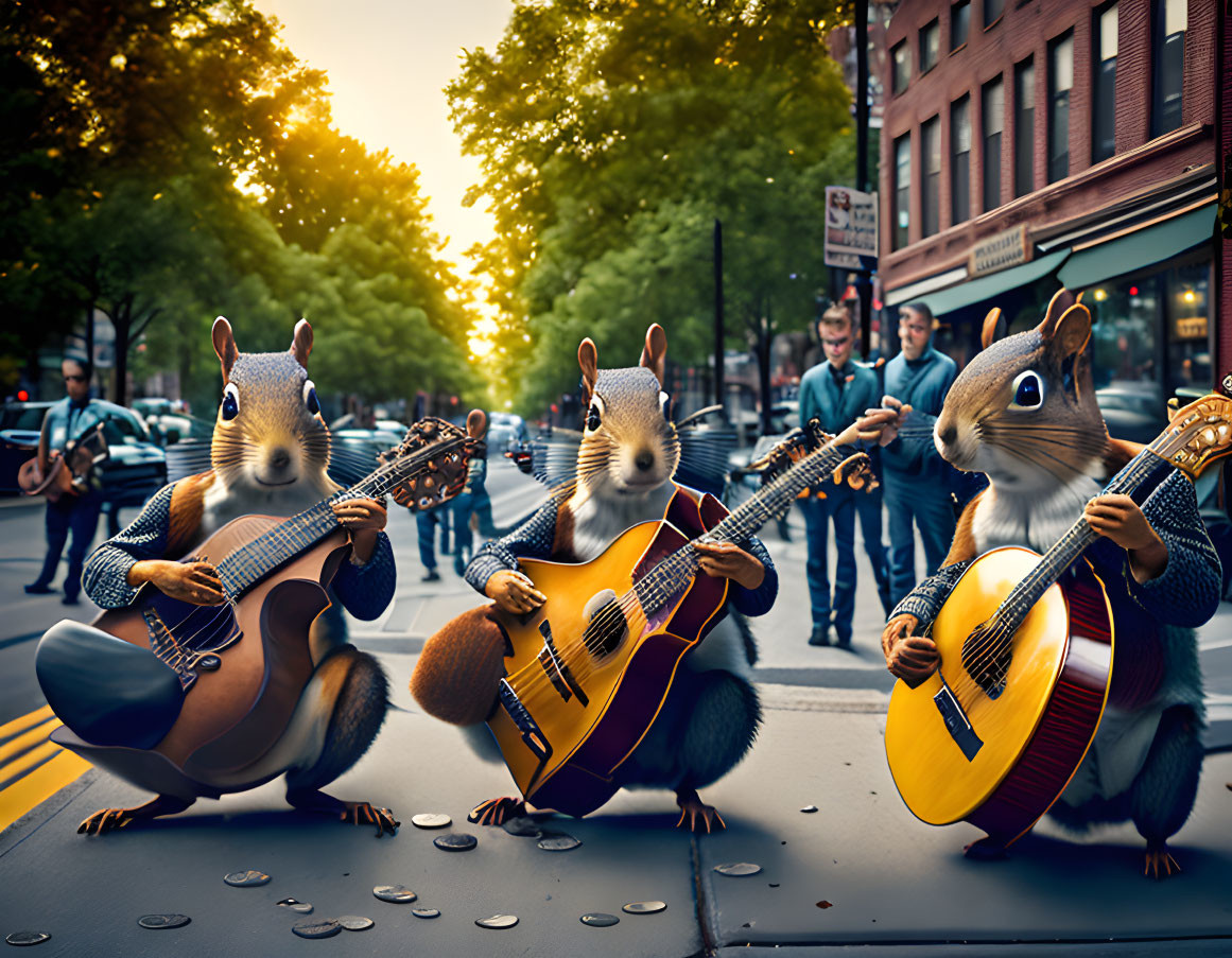 Animated squirrels playing guitars on city street at sunset with pedestrians, cars, and scattered coins.