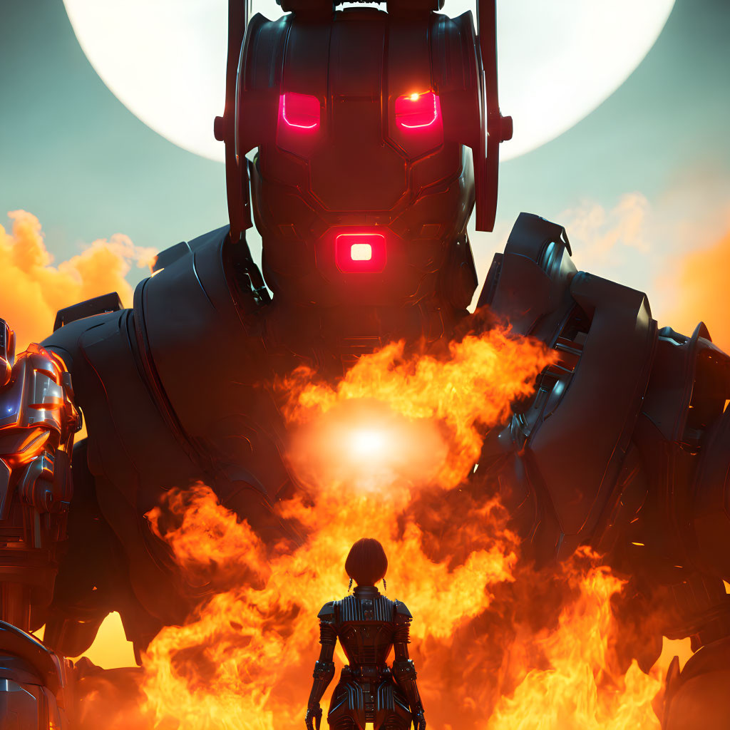 Futuristic armored person faces fiery robot under large sun