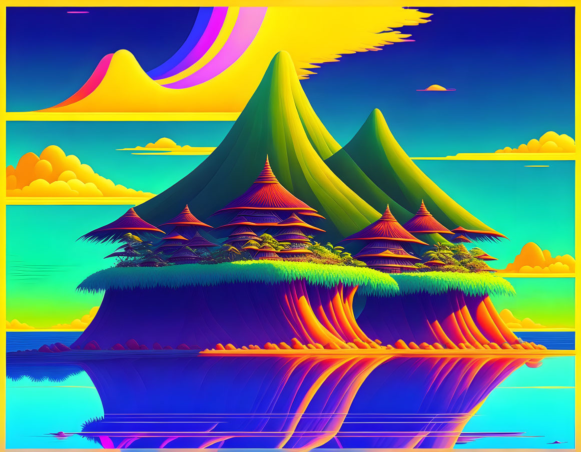 Colorful digital artwork: Stylized mountains, textured water, abstract sky