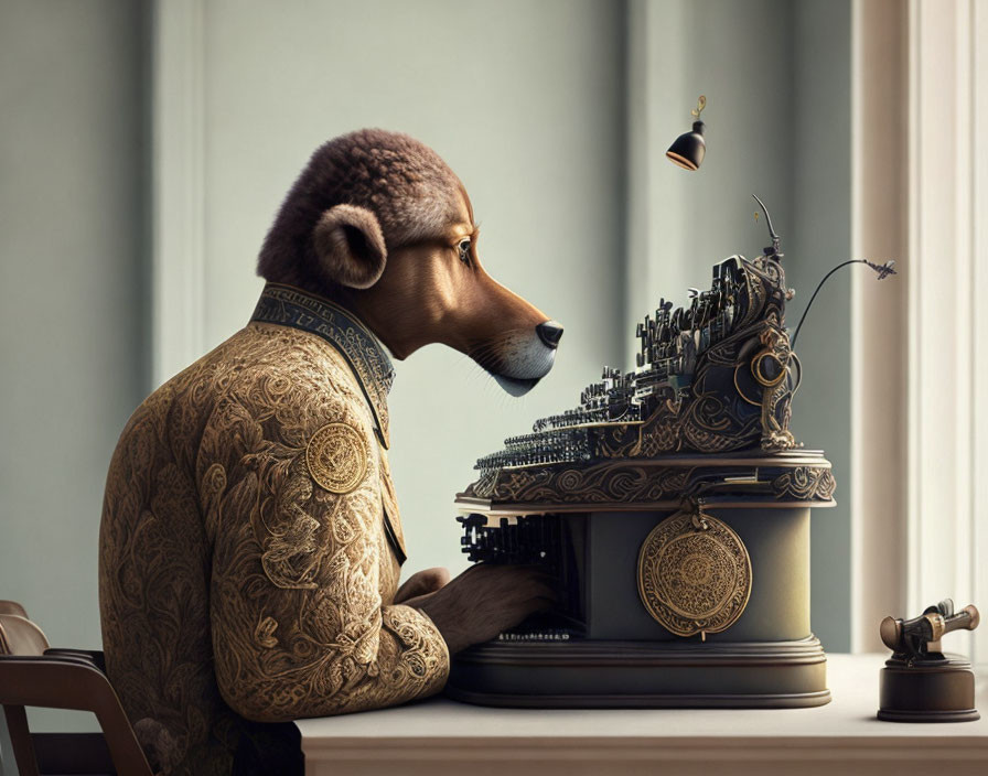 Anthropomorphic dog in vintage attire typing on steampunk typewriter in classical room