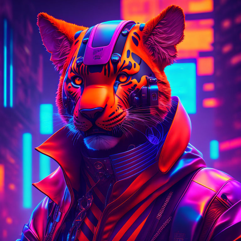 Colorful digital artwork: anthropomorphic tiger in futuristic attire against neon-lit cityscape.