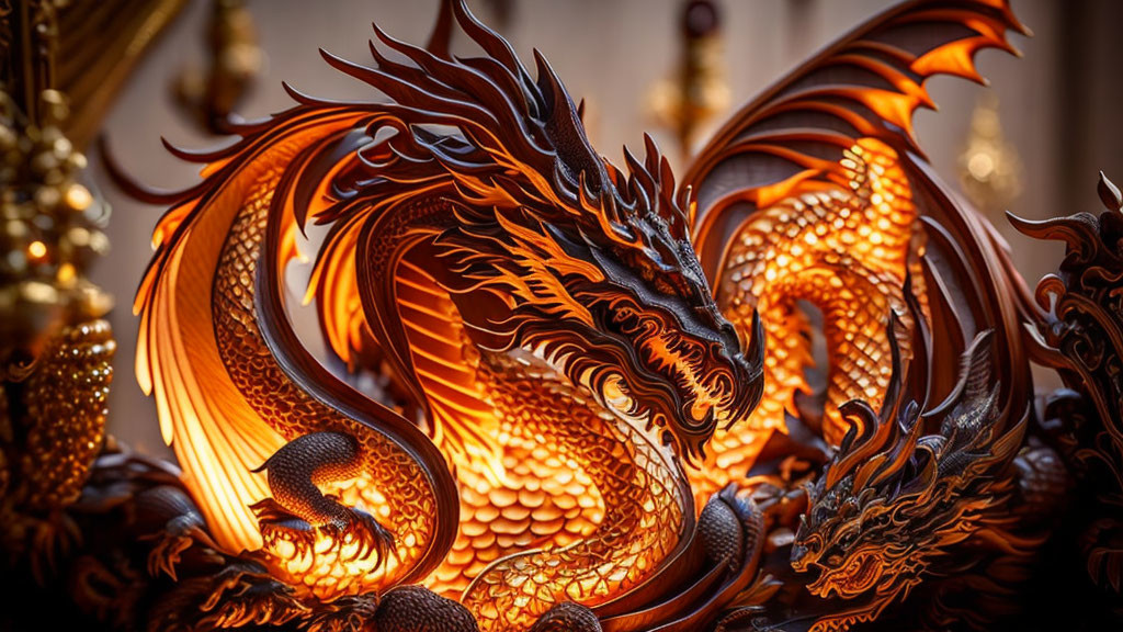 Detailed Carved Dragon with Fiery Colors and Imposing Wings