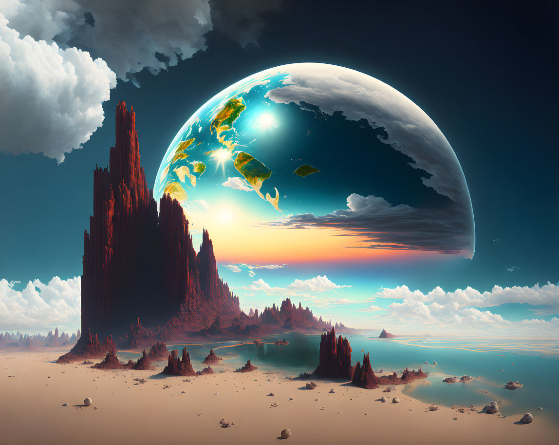 Detailed surreal landscape with rocky spires, desert surface, and massive planet.