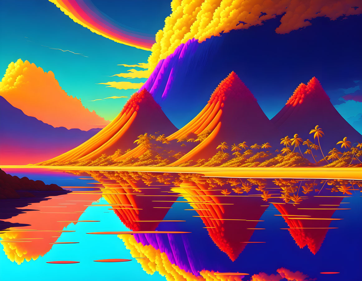 Surreal neon landscape with pyramidal mountains and rainbow ring