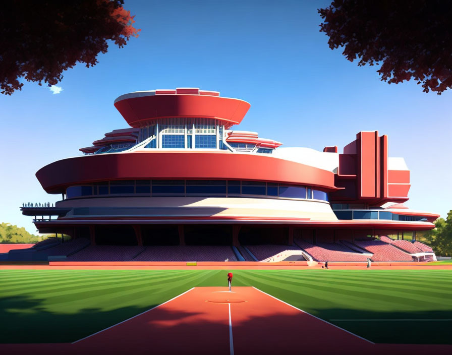 Red futuristic stadium with circular architecture and lone figure in clear sky landscape