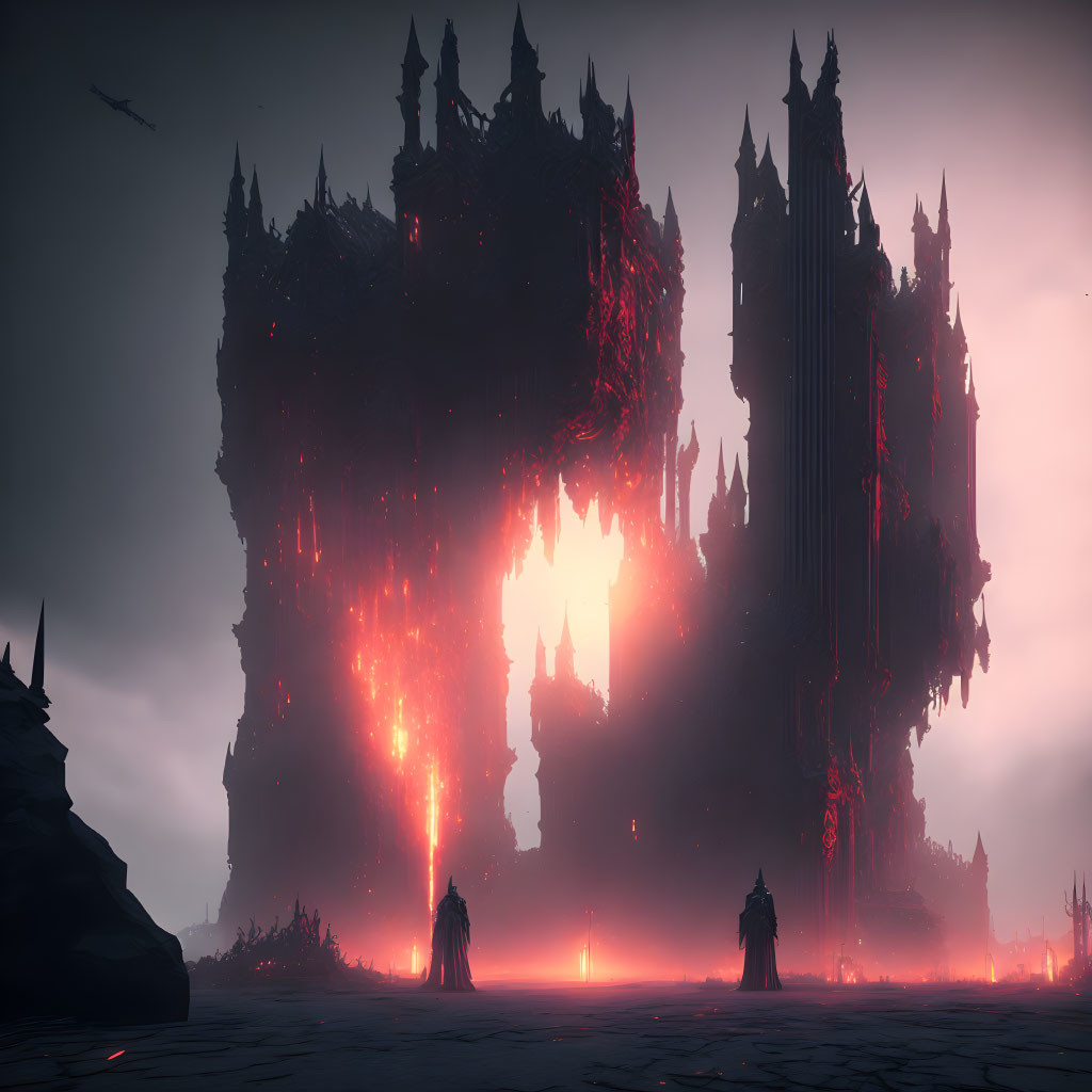 Dark fantasy landscape with fiery spire-like structures and shadowy figures