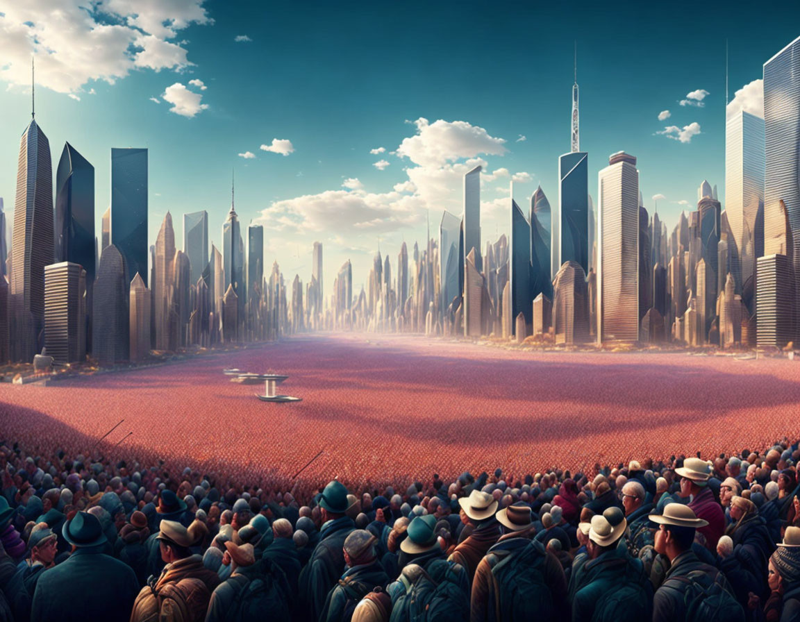 Crowd admires red poppy field with futuristic city skyline in the background