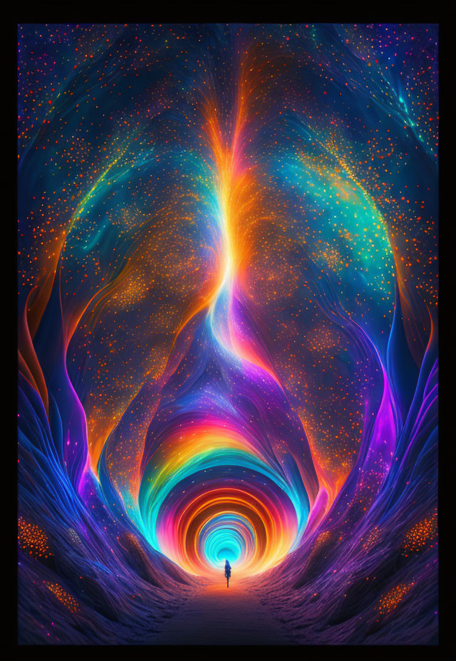 Vibrant cosmic tunnel with rainbow colors and star-like speckles