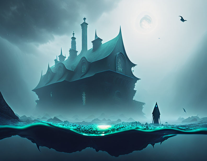 Mystical gothic house on ocean with moon, cloaked figure, and flying creature