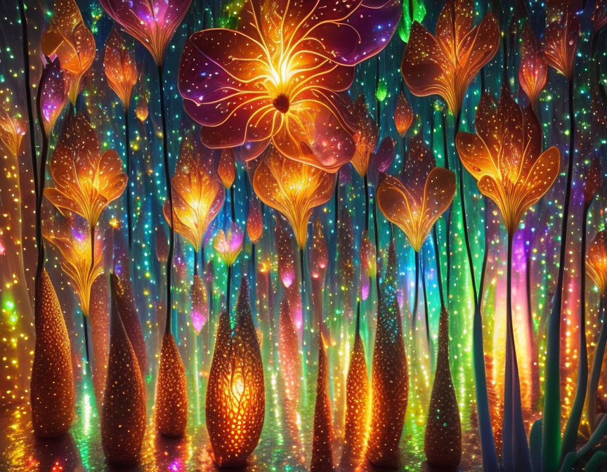 Colorful Fantasy Forest with Glowing Flora and Sparkling Lights