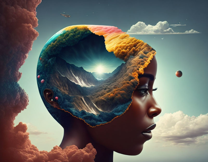 Surreal image: woman's profile merges with landscape, mountains in head, flying ship.