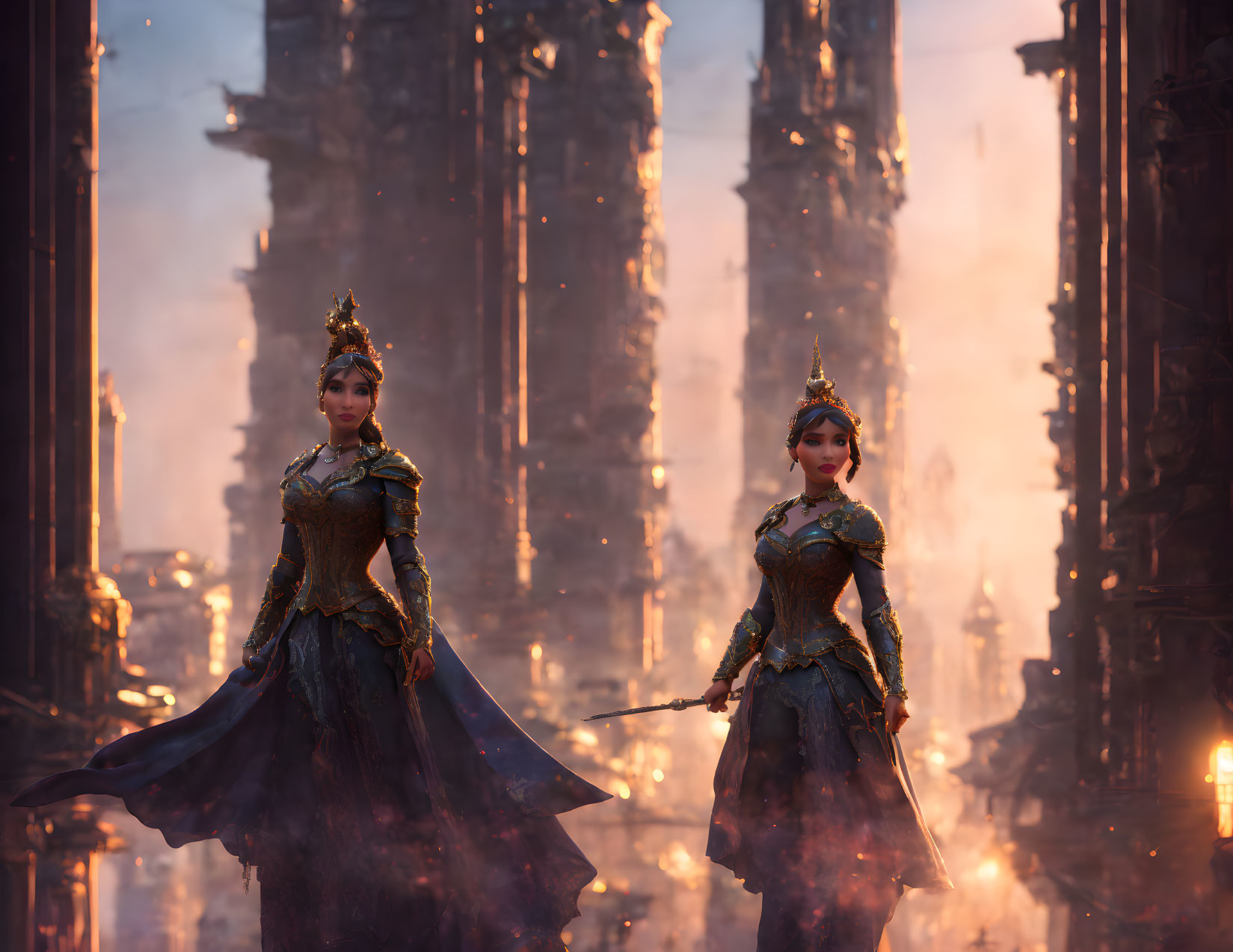 Two women in ornate medieval armor in a fantastical gothic castle setting.