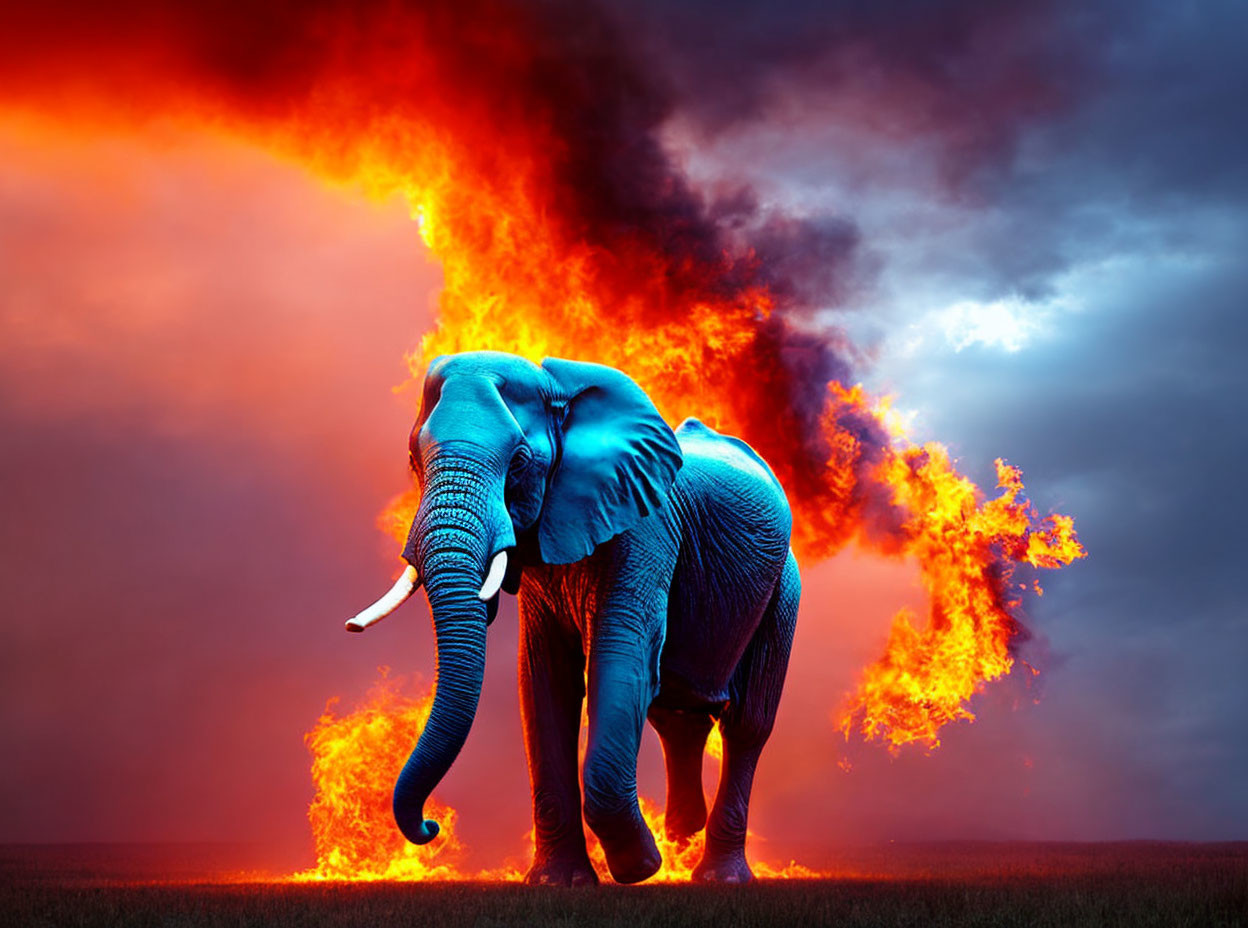 Blue Elephant in Fiery Flames on Stormy Sky