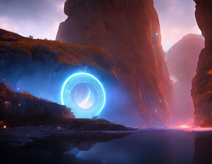 Mystical blue portal in rocky canyon under twilight sky