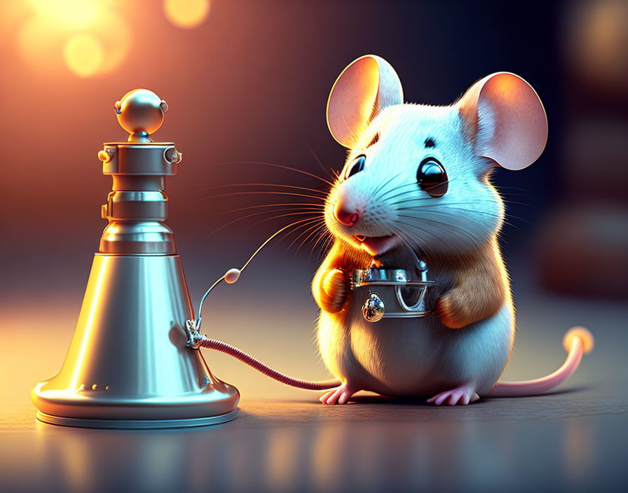 Animated mouse with backpack and chess piece on warm backdrop